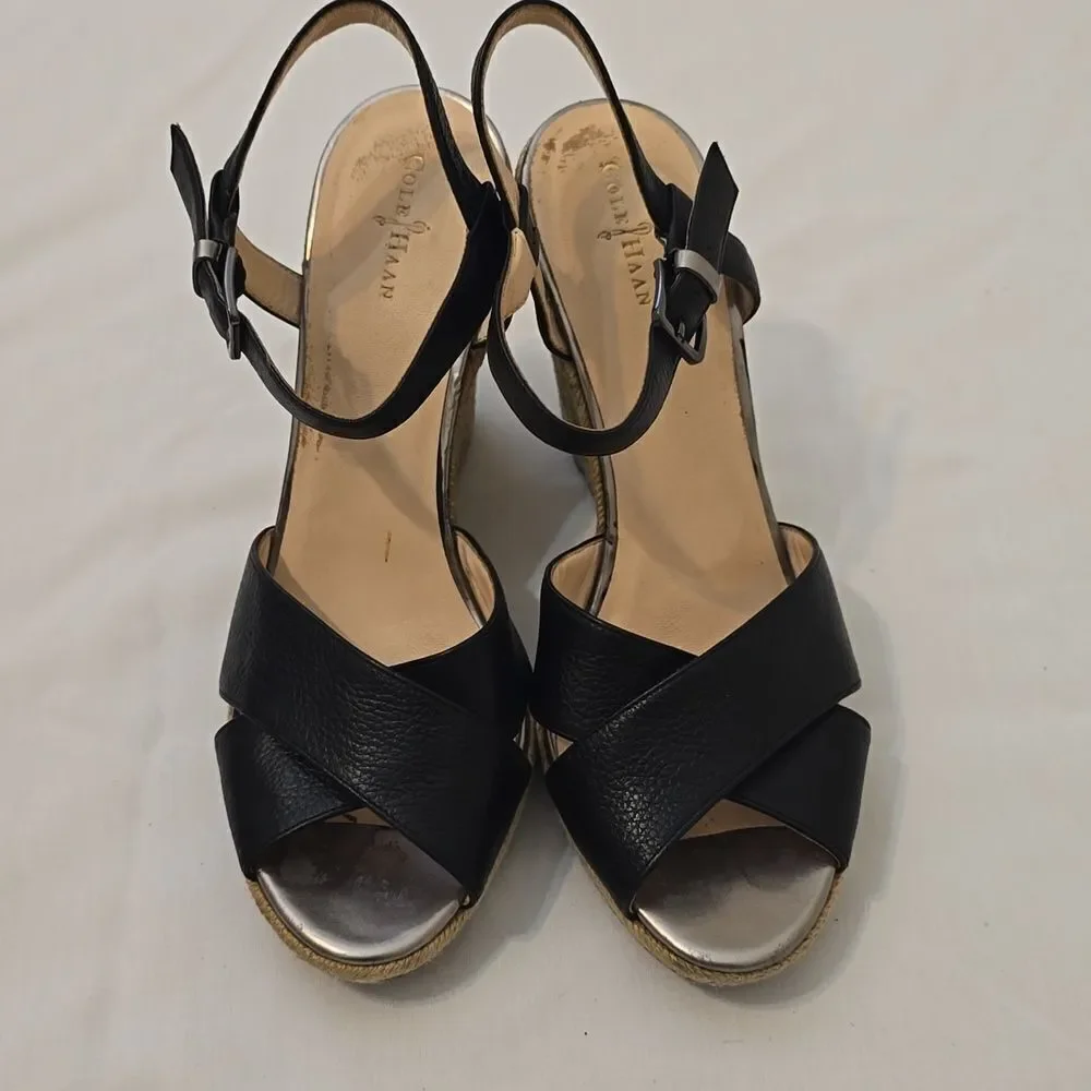 COLE HAAN ☆ Hart Criss Cross Wedge Espadrille Sandals  Black Leather Size 10B